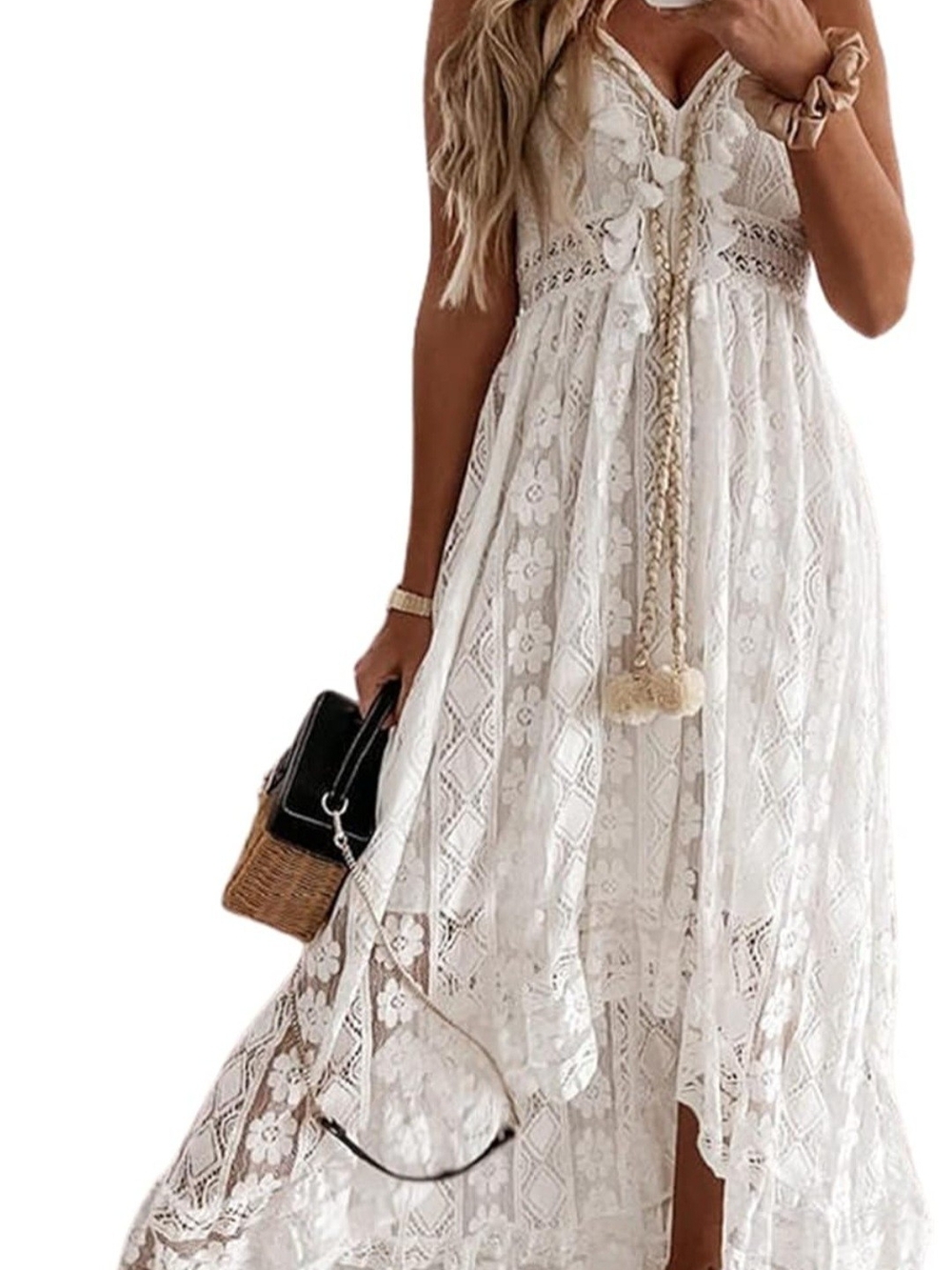 Cupshe Ivory Lace Maxi Dress with Tassel Detail